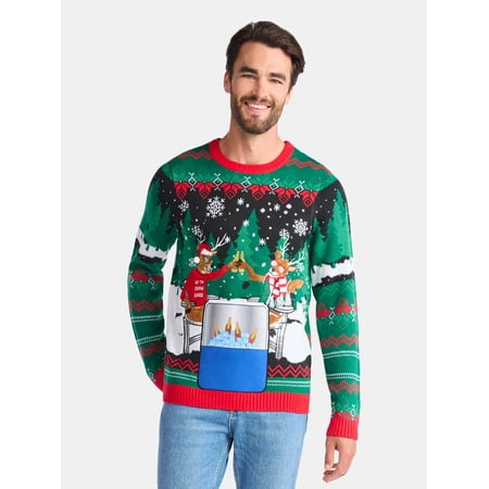 Men's Christmas Sweater Ugly Christmas Sweater with Drink Pocket from Holiday Time, Sizes XS-3XL