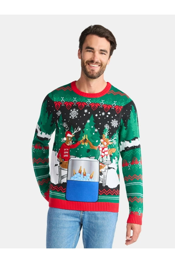 Men's Christmas Sweater Ugly Christmas Sweater with Drink Pocket from Holiday Time, Sizes XS-3XL