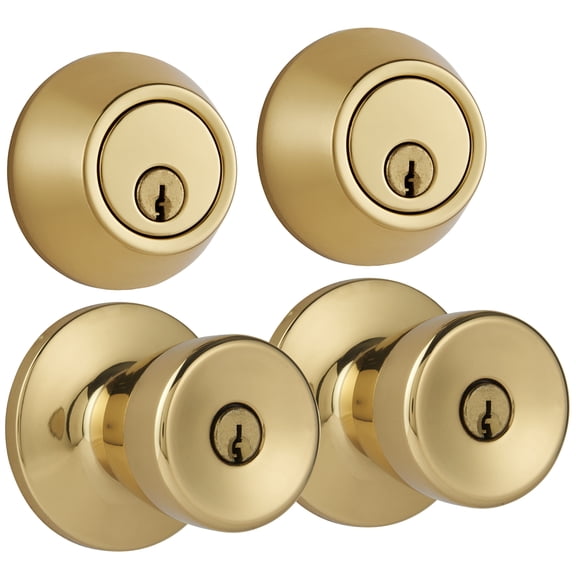 Hyper Tough Keyed Entry Tulip Style Doorknob and Deadbolt Double Combo pack, Polished Brass Finish