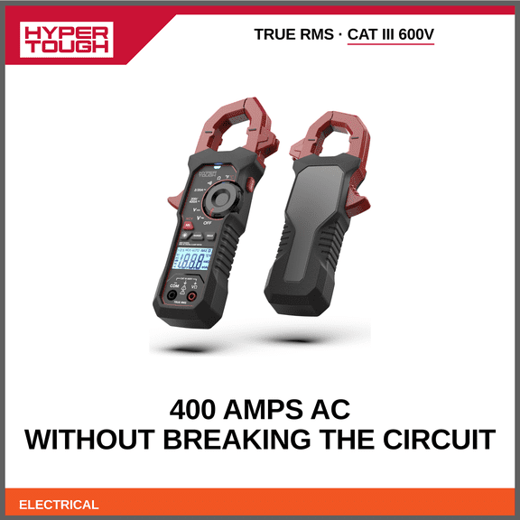 Hyper Tough Digital Clamp Multimeter with True RMS, 400A AC Current, 600V AC/DC Voltage, LCD Display