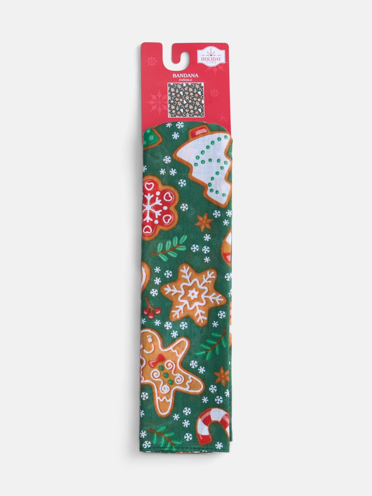 Holiday Time Woven Gingerbread Cookies Bandana, One Size, Green/Multi, Cotton