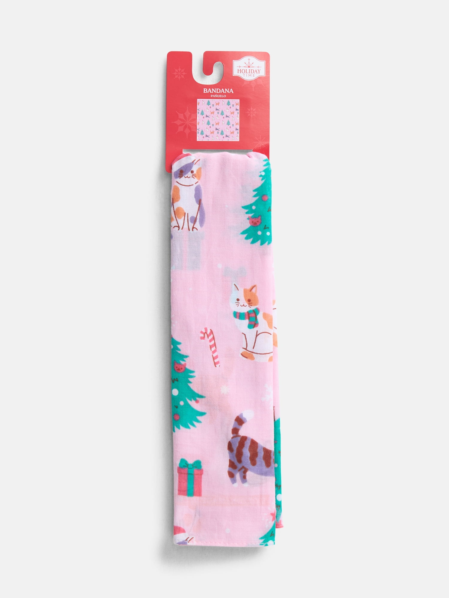 Holiday Time Woven Holiday Cats Bandana, One Size, Pink, Cotton