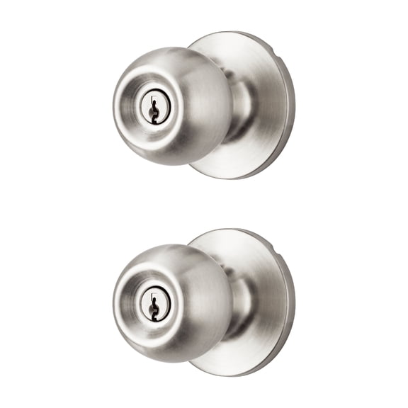 Two Keyed Entry Ball Locking Doorknobs Stainless Steel Finish Twin Pack