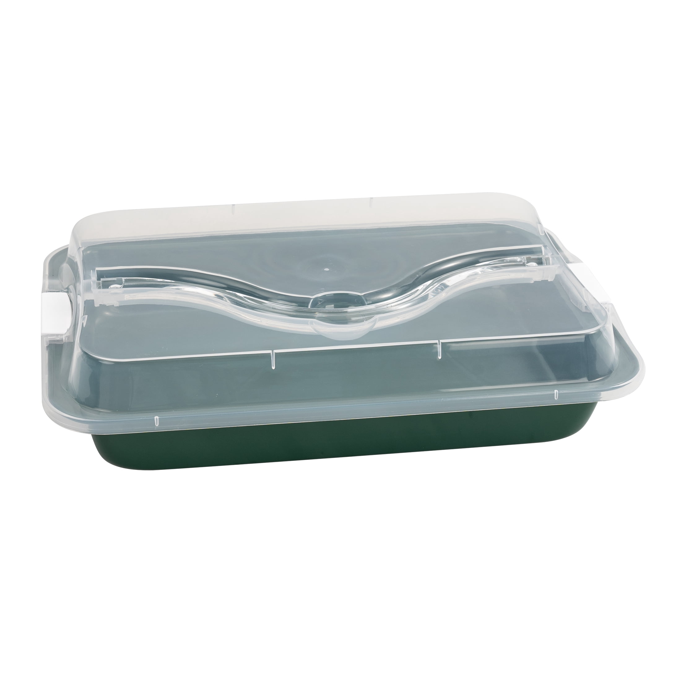 Holiday Time Bakeware Rectangular Cake Pan with Plastic Lid, Green, Handle, Non-Stick, Carbon Steel