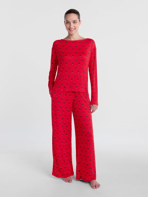 Women's and Women's Plus Ribbed Top and Pants Pajama Set, 2-Piece, XS-3X