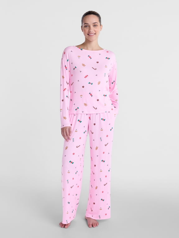 Women's and Women's Plus Ribbed Top and Pants Pajama Set, 2-Piece, XS-3X