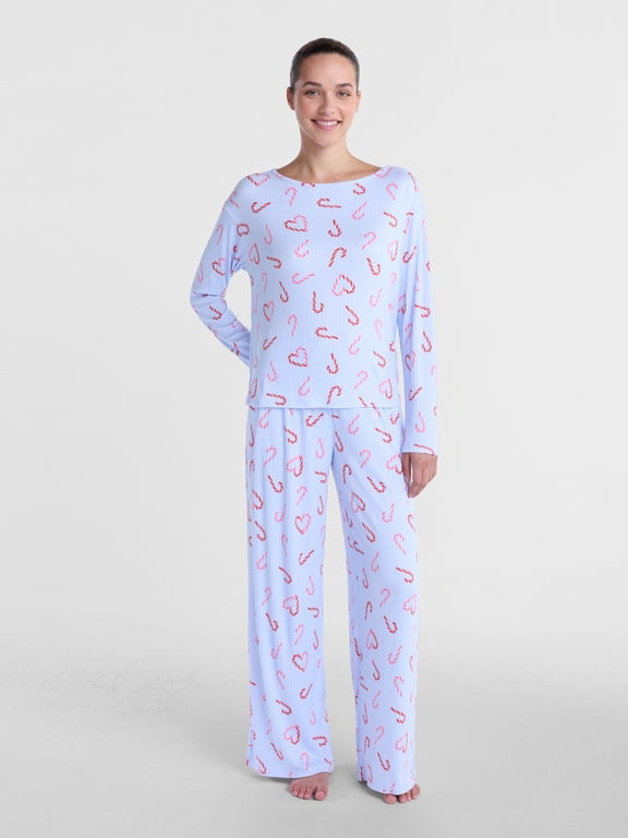 Women's and Women's Plus Ribbed Top and Pants Pajama Set, 2-Piece, XS-3X