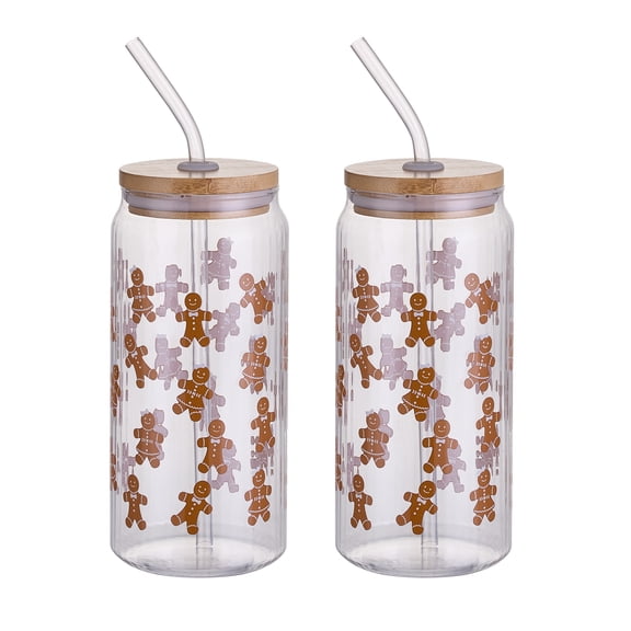 Holiday Time 20 oz Gingerbread People Glass Can Sipper, 2-Pack