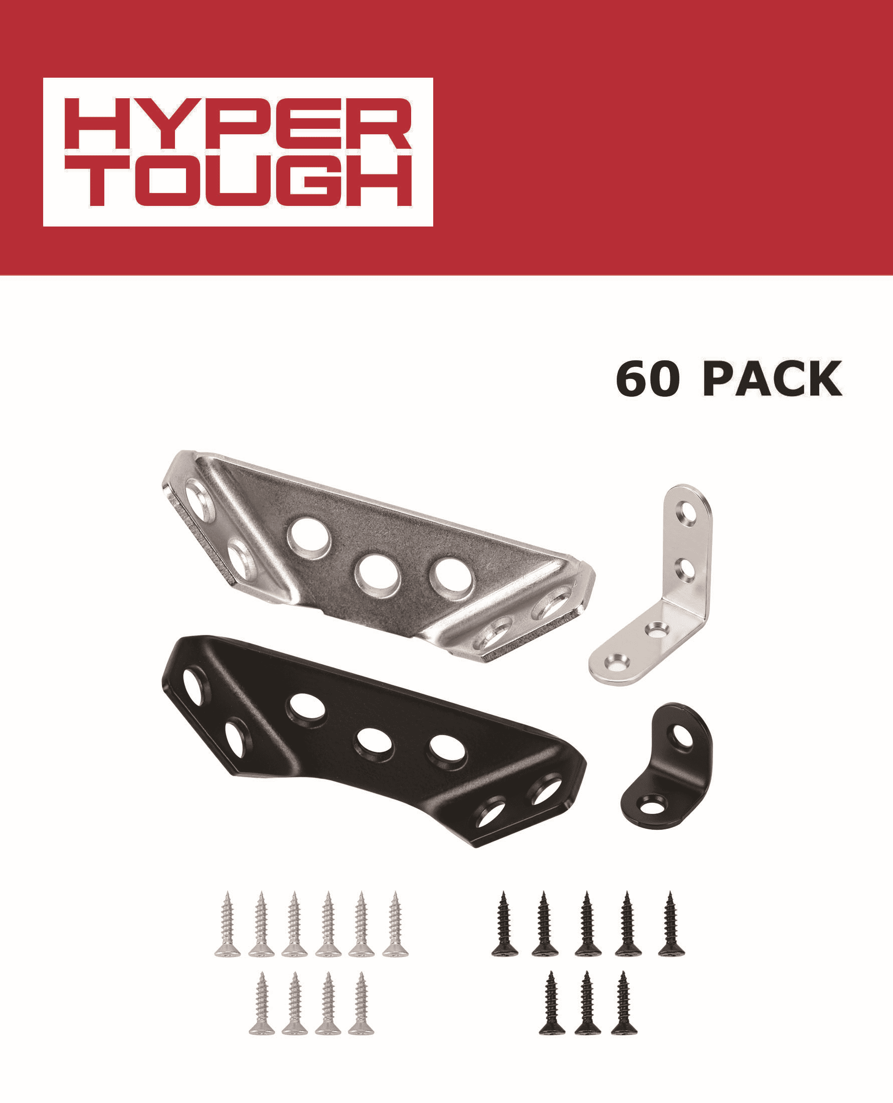 Hyper Tough Multiple Sizes Stainless Steel Corner Brace Kit for Wooden Furniture, Screws included, 60 Pack