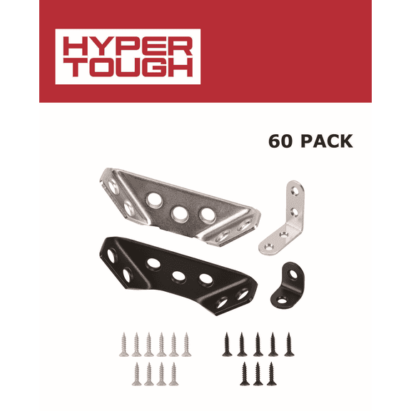 Hyper Tough Multiple Sizes Stainless Steel Corner Brace Kit for Wooden Furniture, Screws included, 60 Pack