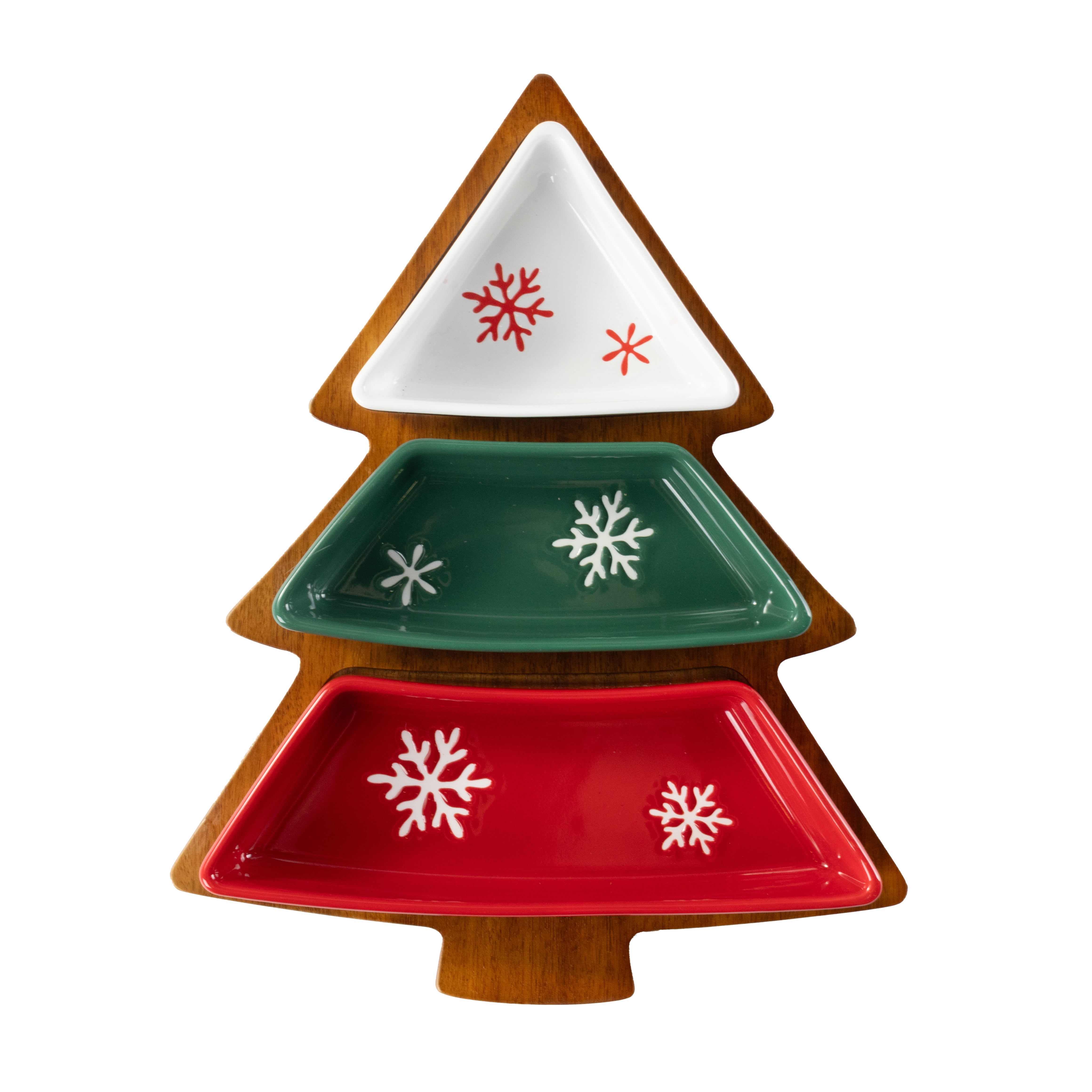 Acacia Wood Christmas Tree Tray with Ceramic Bowls