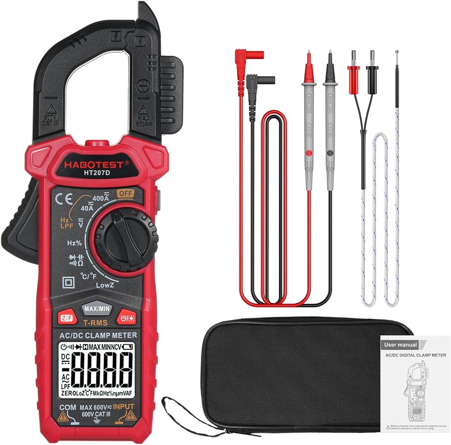 HT207D 4000 Counts Digital Clamp Meter, Handheld Multimeter, AC DC Voltage, Current Voltmeter, Diode Resistance, High Precision Multifunctional Digital Display Clamp Meter