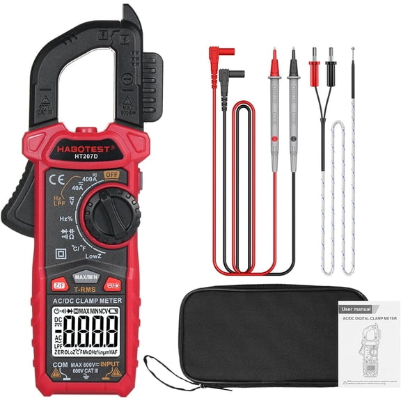 HT207D 4000 Counts Digital Clamp Meter, Handheld Multimeter, AC DC Voltage, Current Voltmeter, Diode Resistance, High Precision Multifunctional Digital Display Clamp Meter