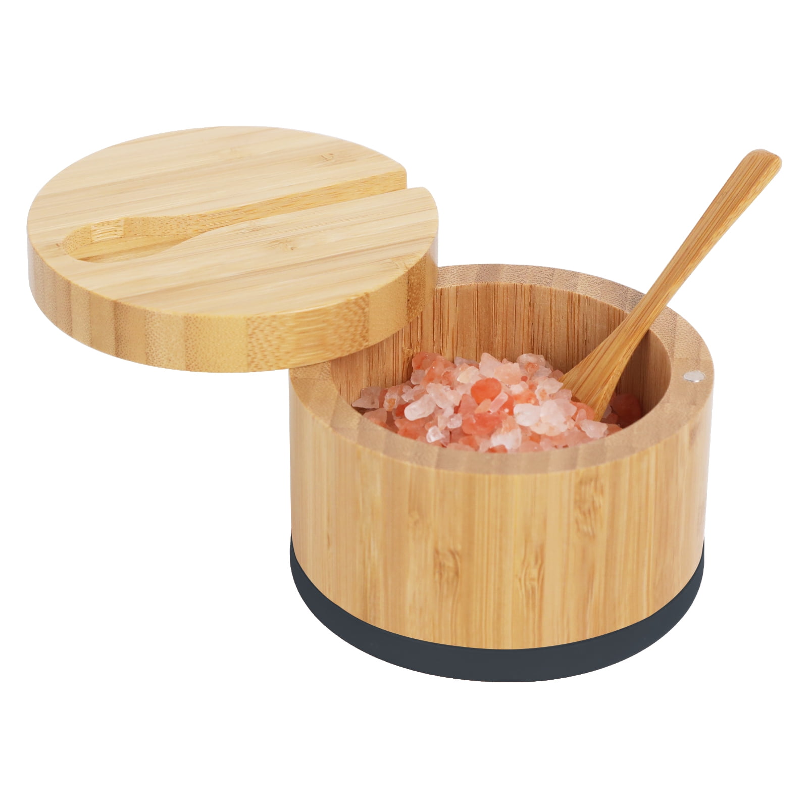 HTB Bamboo Salt Cellar with Lid And Spoon, Black Salt Box Easy to Distinguish Spice In The