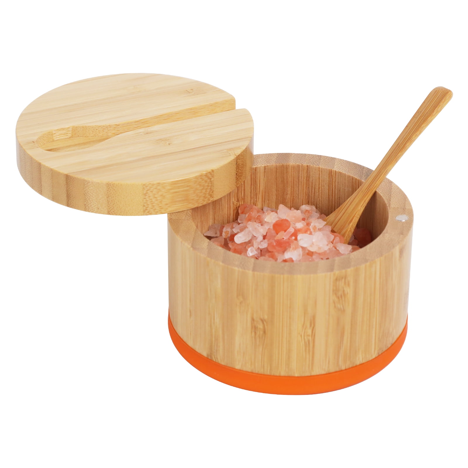 HTB Bamboo Salt Cellar with Lid And Spoon, Orange Salt Box Easy to Distinguish Spice In The