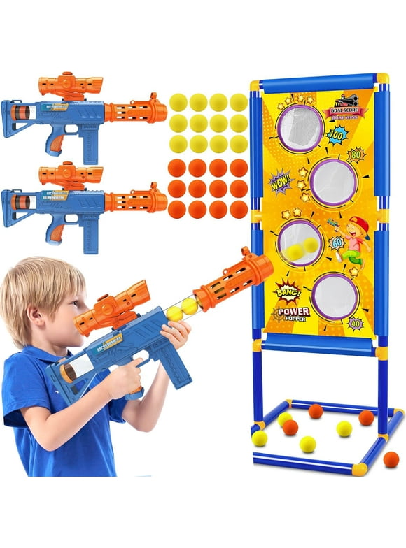 HTB Shooting Game Toy for Age 6, 7, 8, 9, 10+ Years Old Kids Boys - 2 Pack Air Toy Guns & Shooting Target & 24 Foam Balls - Ideal Gift for Christmas Birthday - Compatible with Toy Guns