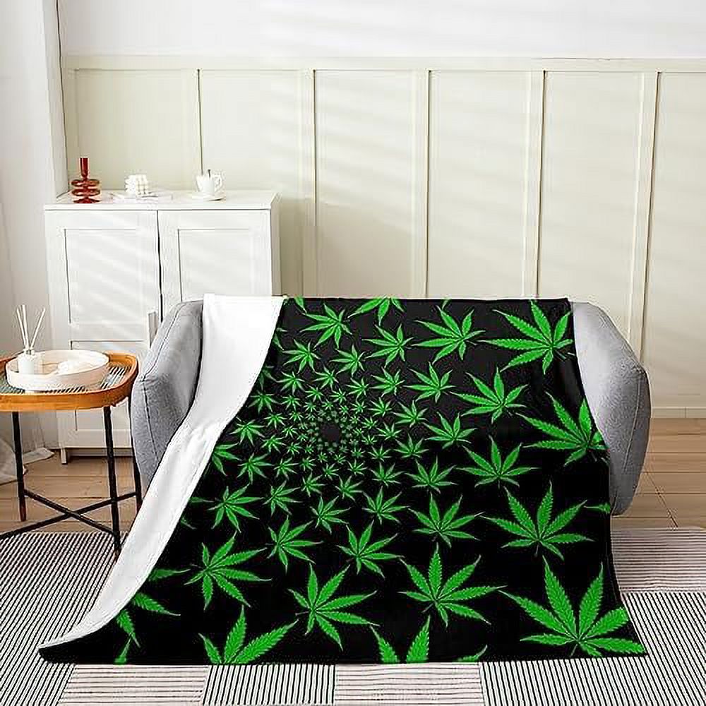 HTBUSC Green Blue Cannabis Leaves Fleece Blanket Marijuana Leaf Plush Blanket for Kids Teens