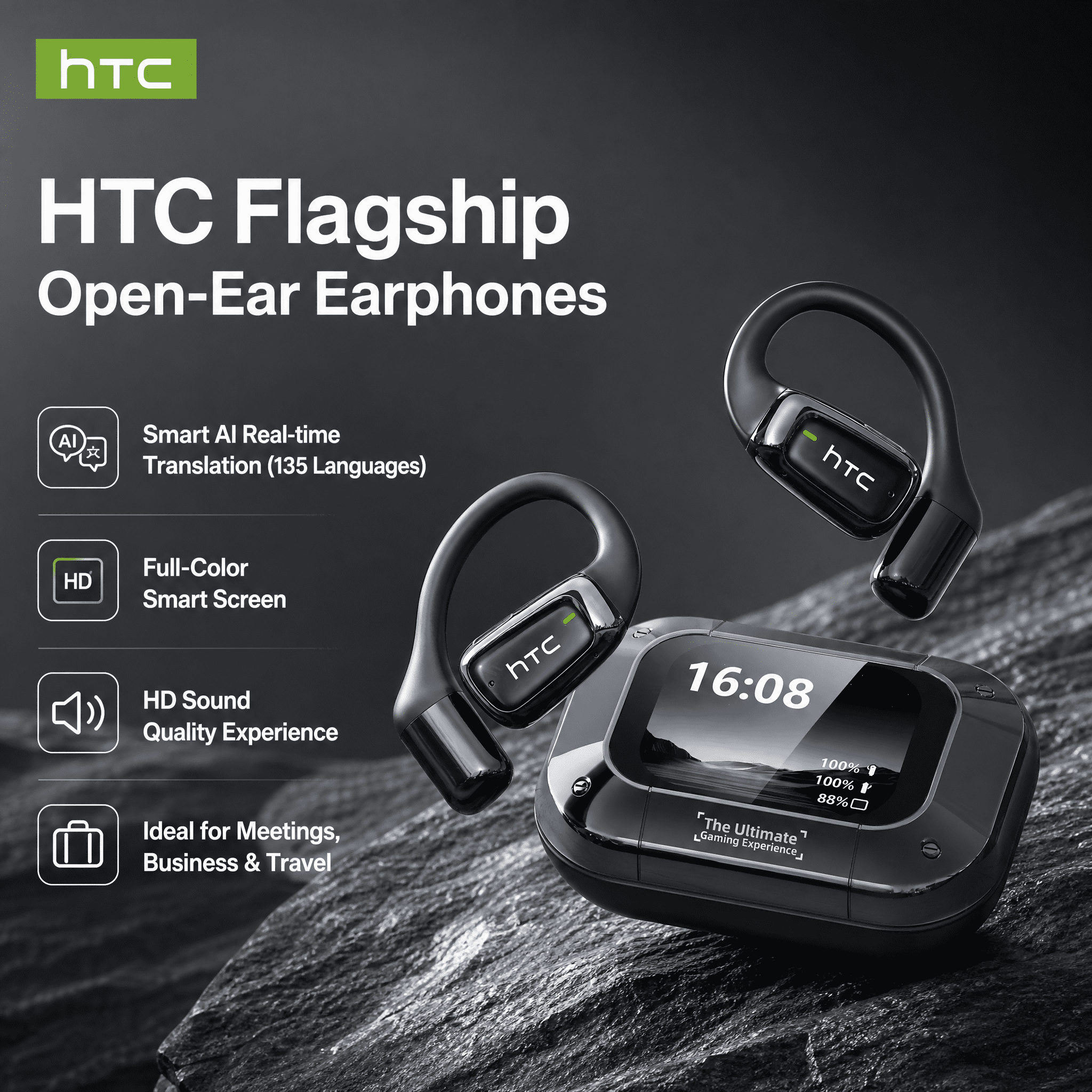 HTC NE25 Wireless Earbuds Bluetooth Ear Earbuds AI Translator Earbuds,135 Languages with Smart Screen , Wireless Headphones IPX6 60H Playtime for Sports & Business