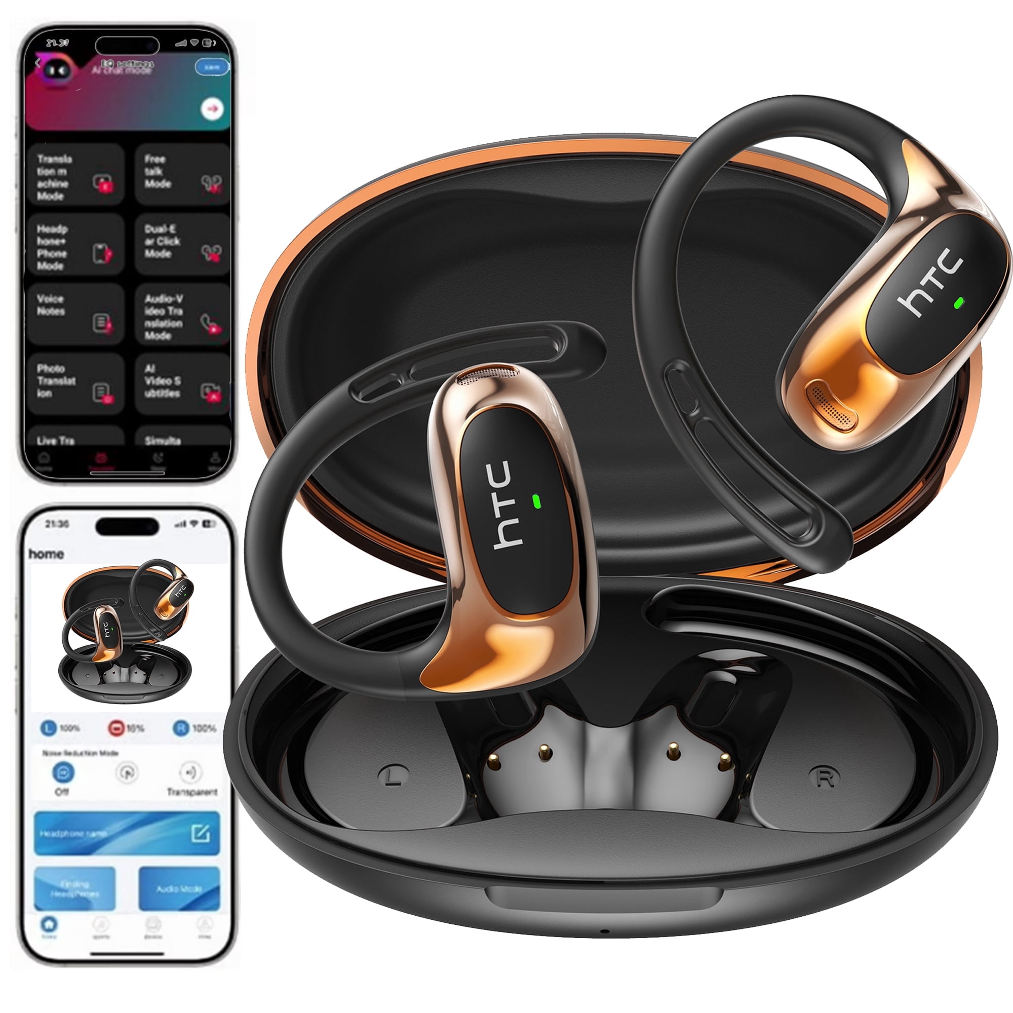 HTC NE35 Wireless Earbuds Open Ear Headphones Sports, Bluetooth 6.0 Earbuds, 48h Support 130 AI Languages Translator Earbuds IPX6 Waterproof,Black