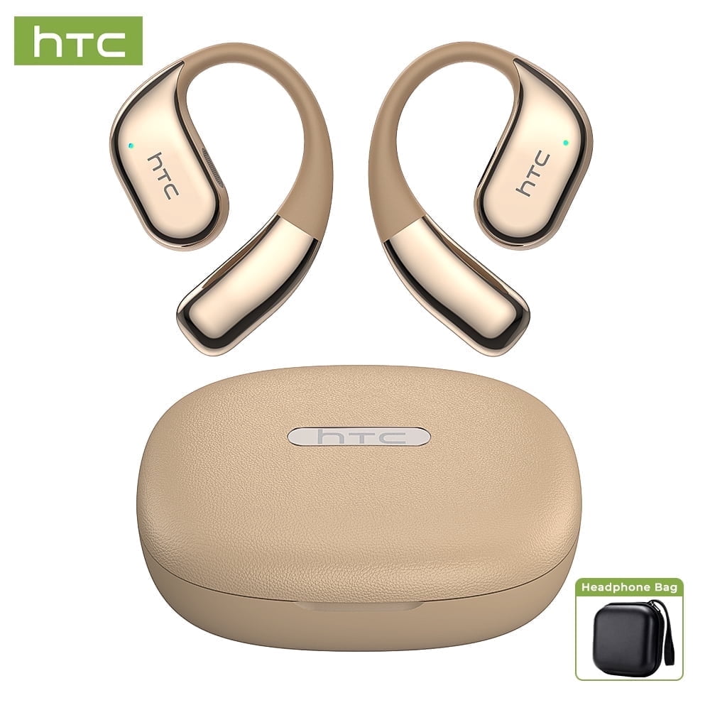 HTC NE39 Wireless Bluetooth 6.0 Open-Ear Earbuds, AI Translator, Noise-Cancelling Headphones, 130+ Languages, 40H Playtime, IPX5 Waterproof, Beige + Gold+Earbud Case