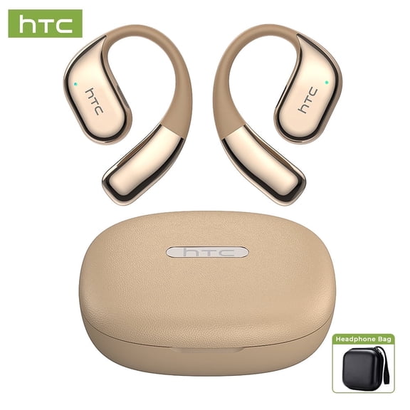 HTC NE39 Wireless Bluetooth 6.0 Open-Ear Earbuds, AI Translator, Noise-Cancelling Headphones, 130+ Languages, 40H Playtime, IPX5 Waterproof, Beige + Gold+Earbud Case