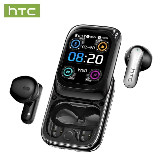 HTC NE48 AI Translation Wireless Earbuds with Smart Touch Screen Case, Bluetooth 6.0 Noise Cancelling, 130+ Languages, IPX5 Waterproof, Black