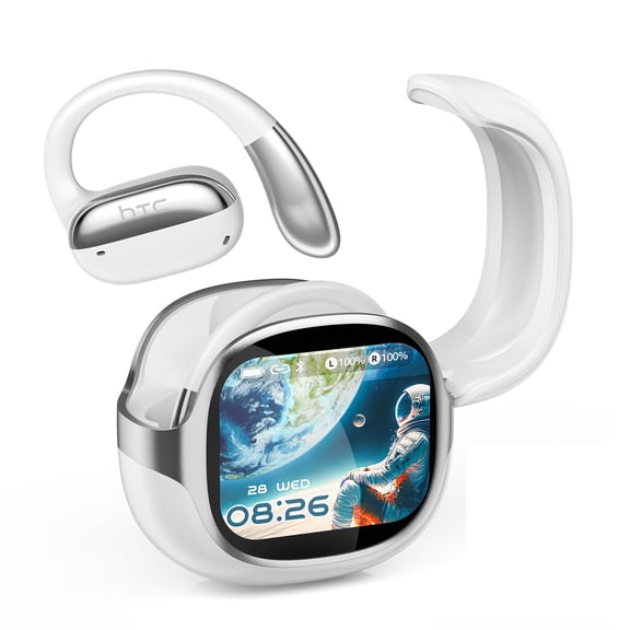 HTC NE58 Wireless Bluetooth 6.0 Open Ear Earbuds, AI Translator, Noise-Cancelling Headphones, LED Touch Screen, 130+ Languages, 24H,Beige White