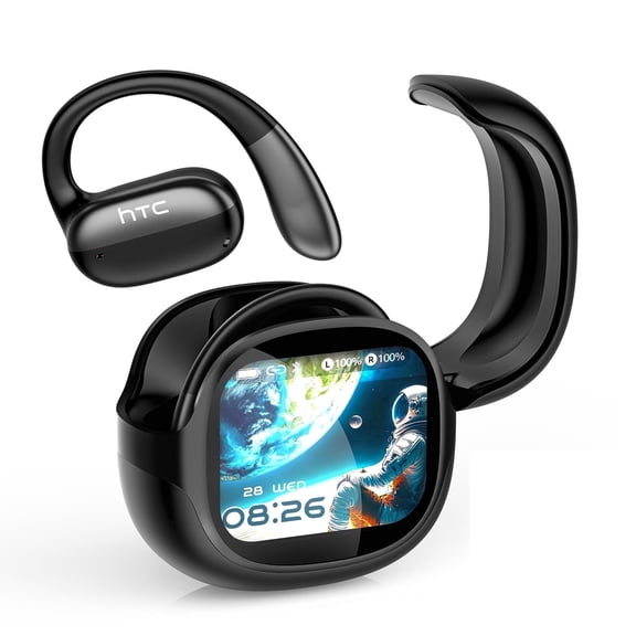 HTC Open Ear Wireless Earbuds Bluetooth 6.0 with Touch Screen Charging Case, Earhook Headphones with Mic, HiFi Stereo, 30H Playtime, IPX5 Waterproof for Running Workout, Black