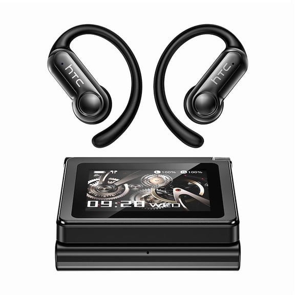 HTC NE80 Open Ear Earbuds Wireless Bluetooth 6.0 Headphone with Full-Color Smart Screen Charging Case Adjustable Elastic Earhooks