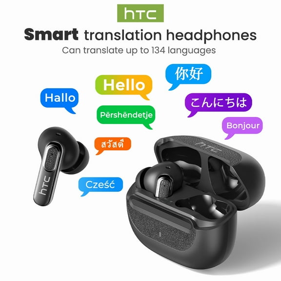 HTC Wireless Bluetooth 6.0 Open Ear Earbuds, AI Translator, Noise-Cancelling Headphones, 130+ Languages, 30H,Gray