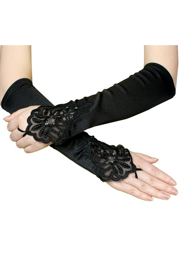 Fancy Gloves for Women 1920s Elegant Flapper Evening Opera Satin Gloves for Women Elbow Length Decorative Gloves WomenBlack