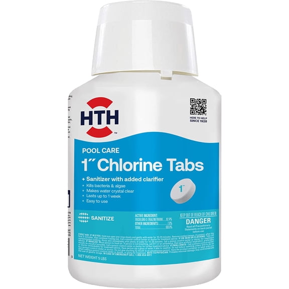 HTH 42047 Pool Care 1" Chlorine Tabs, Swimming Pool Sanitizer with Added Clarifier - Eliminates Bacteria & Algae, Makes Water Clean & Crystal Clear, Sanitizes & Protects - Slow Dissolving, 5 lbs