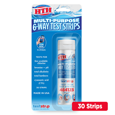 HTH 6-way Pool Test Strips, 30 Multi-use Test Strips for Chlorine, Bromine, pH, Alkalinity, Hardness, CYA
