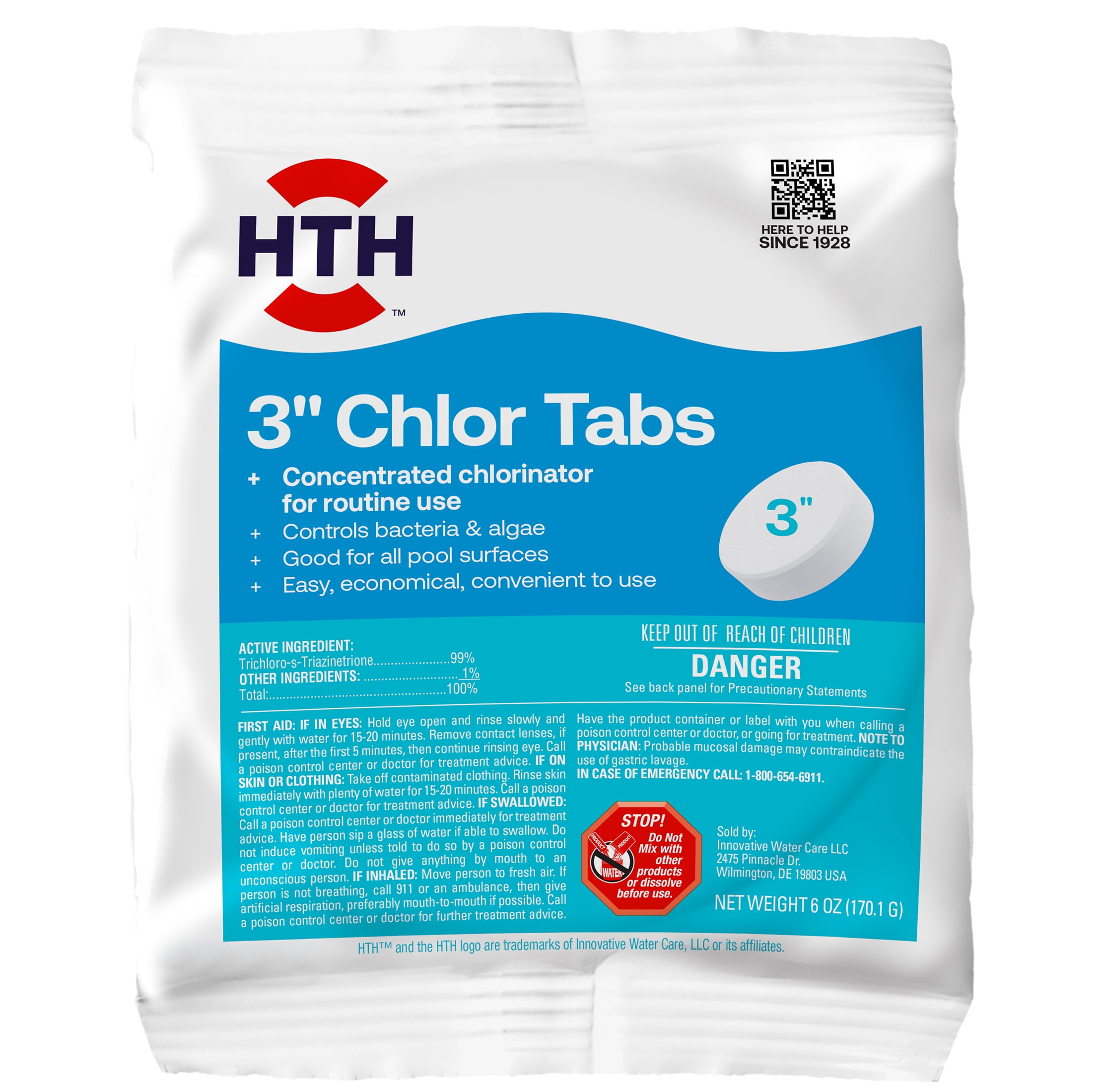 HTH Pool Care 3" Chlor Tabs for Swimming Pools, Wrapped Tablets, 6oz