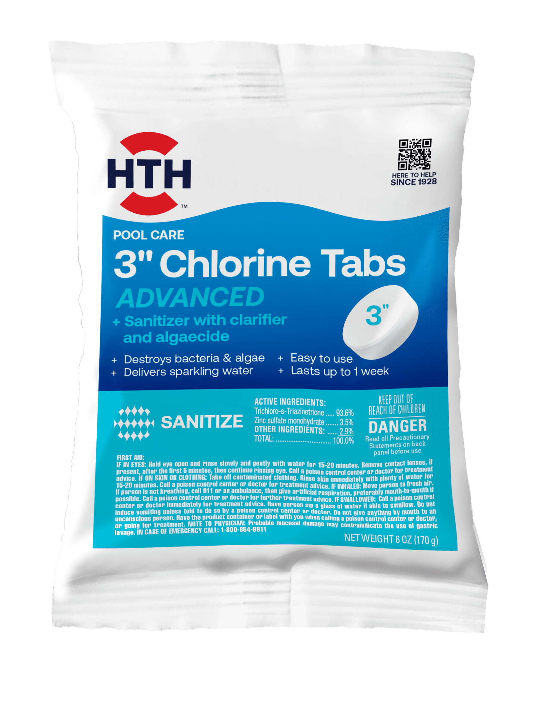 HTH Pool Care 3" Chlorine Tablets Advanced for Swimming Pools, 6oz