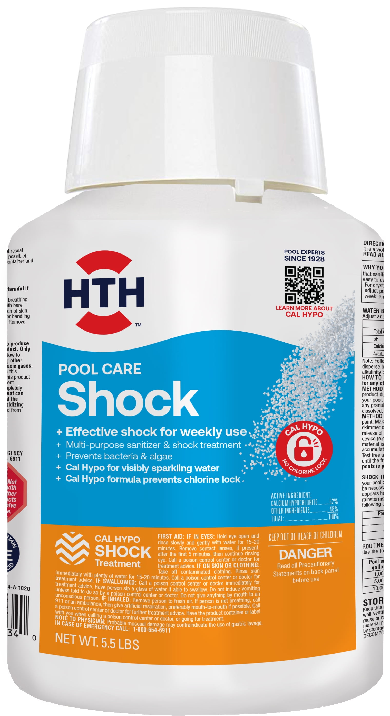HTH Chlorine Sanitizer for Swimming Pools, Pool Care Shock, Cal Hypo Formula, 5.5 lbs