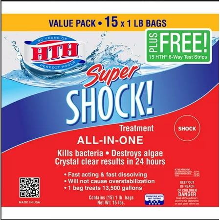 HTH Super Shock Treatment ALL IN ONE Swimming Pool, Spa with bonus 15 Test Strips, 15 pk/1 lbs