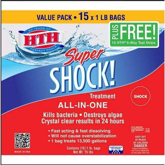 HTH Super Shock Treatment ALL IN ONE Swimming Pool, Spa with bonus 15 Test Strips, 15 pk/1 lbs