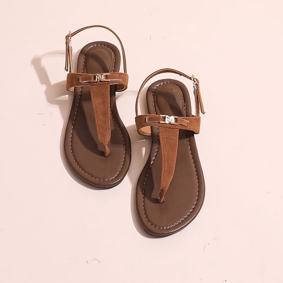 HTHLVMD Adjustable Ankle Strap Thong Sandals, Open Toe Casual Shoes, Thong Flat Sandals, Casual Women T-Strap Dress Sandals With Adjustable Ankle Buckle for Summer Wedding, Brown 7.5