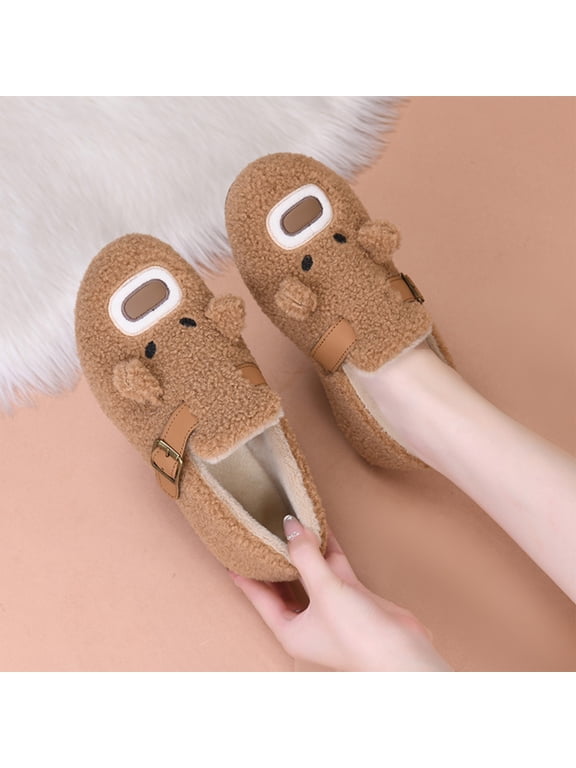 Bear Slippers,Women's Cute Bear Fleece Loafer Slippers, Fuzzy Warm Animal Clogs With Decorative Buckle Strap Soft Comfort Foam Insole Durable Non Slip Sole Indoor House Walking Shoe,Coffee 7