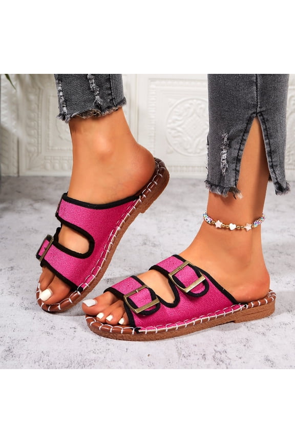 Bohemian Slip-Ons, Woven Edge Slides, Double Buckle Slide Sandals, Women Slide Sandals With Double Buckle Comfortable Orthopedic Footbed Arch Support Flip Flops Summer Slippers, Pink 6
