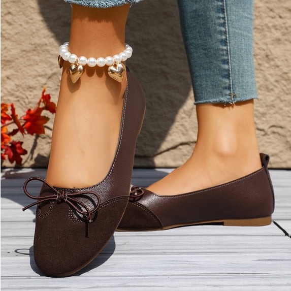 HTHLVMD Bow Decor Women's Casual Shoes, Round Toe Slip-On Flats, Women's Comfortable Walking Shoes, Ballet Flats Loafers Solid Color Bow Slip On Soft Sole Versatile Indoor Outdoor Trendy, Brown 7