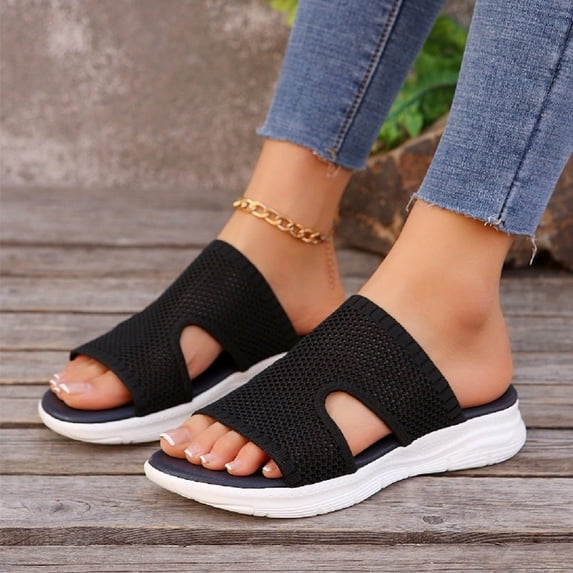 HTHLVMD Breathable Beach Walking Shoes, Women's Lightweight Breathable Sandals - Summer Slip-On Thick Sole Open Toe Casual Shoes, Comfortable Fashionable Outdoor Wear, Black 5.5