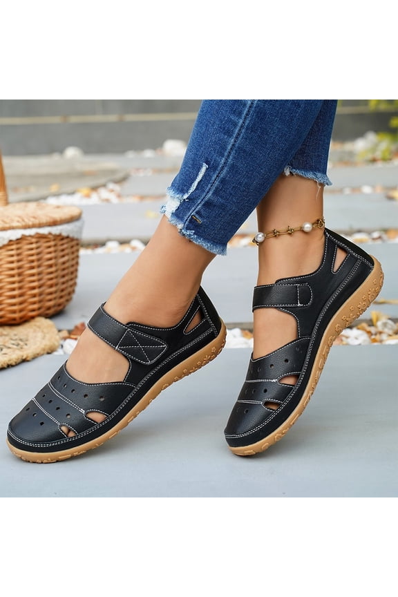 Breathable Closed Toe Flats, Women Comfort Walking Shoes, Women 's Classic Genuine Leather Casual Flat Sandal Closed Toe Fisherman Sandals Comfy Work Sandal Everyday Walking Shoe, Black 9