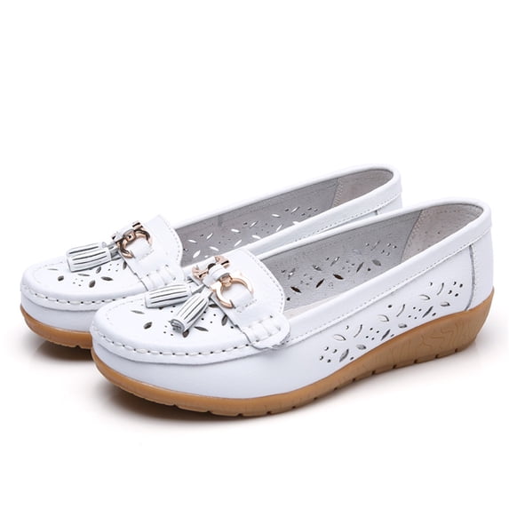 HTHLVMD Breathable Slip-On Comfort Shoes, Casual Loafers for Women Metal Buckle Breathable Comfortable Leather Slip On Moccasins Loafers Shoes Driving Outdoor Walking Womens Flats, White 7.5