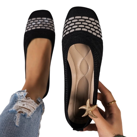 HTHLVMD Breathable Slip-On Shoes, Stretch Knit Comfort Flats, Everyday Casual Footwear, Women's Casual Flat Shoes Breathable Knit Slip On Comfortable Ballet for Daily Wear Spring Summer, Black 6.5