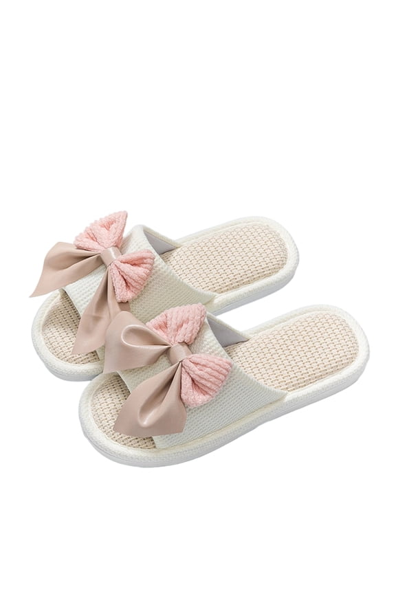 Breathable Sweat Absorbing Flats, Women's Large Bow Knot Linen Slippers Sweet Ruffle Ribbon Slide Sandals Summer Home Open Toe Breathable Sweat Absorbing Indoor House Flat Shoes, White 7.5