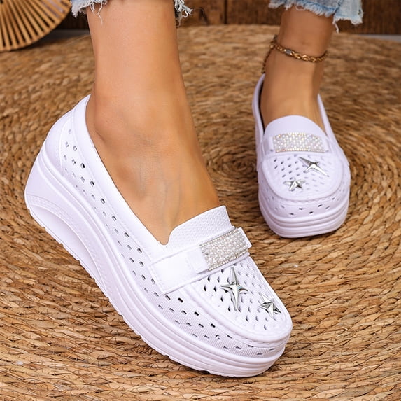 HTHLVMD Breathable Walking Loafers, Chunky Casual Shoes, Platform Wedge Loafers, Perforated Slip On Shoes, Women's Perforated Platform Loafers Rhinestone Slip On Wedge Walking Shoes, White 7