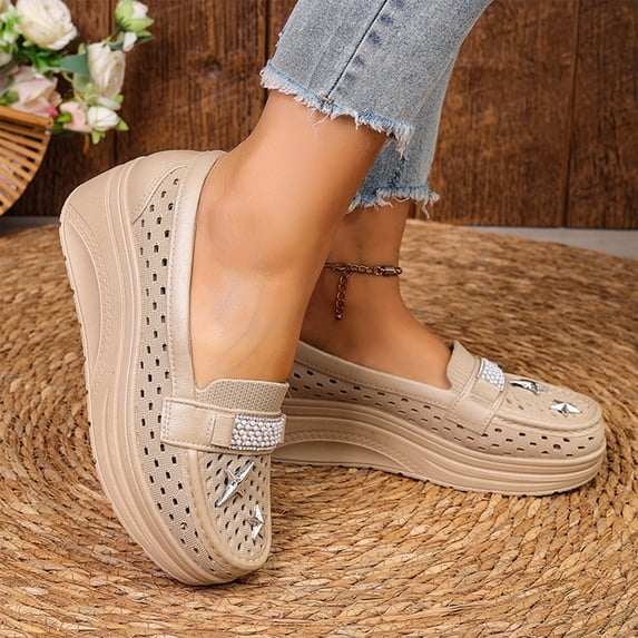 HTHLVMD Breathable Walking Loafers, Chunky Casual Shoes, Platform Wedge Loafers, Perforated Slip On Shoes, Women's Perforated Platform Loafers Rhinestone Slip On Wedge Walking Shoes, Khaki 7