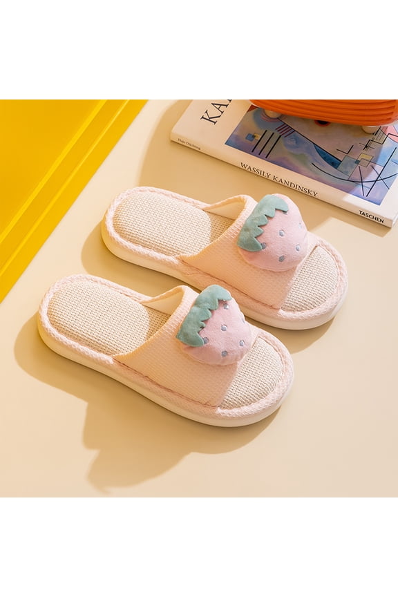 Breathable Woven Flax Footwear, Women's Cute Fruit Linen Slide Sandals Open Toe Avodaco Strawberry Graphic Slippers Summer Home Breathable Woven Flax Anti Slip Indoor House Shoes, Pink 5.5